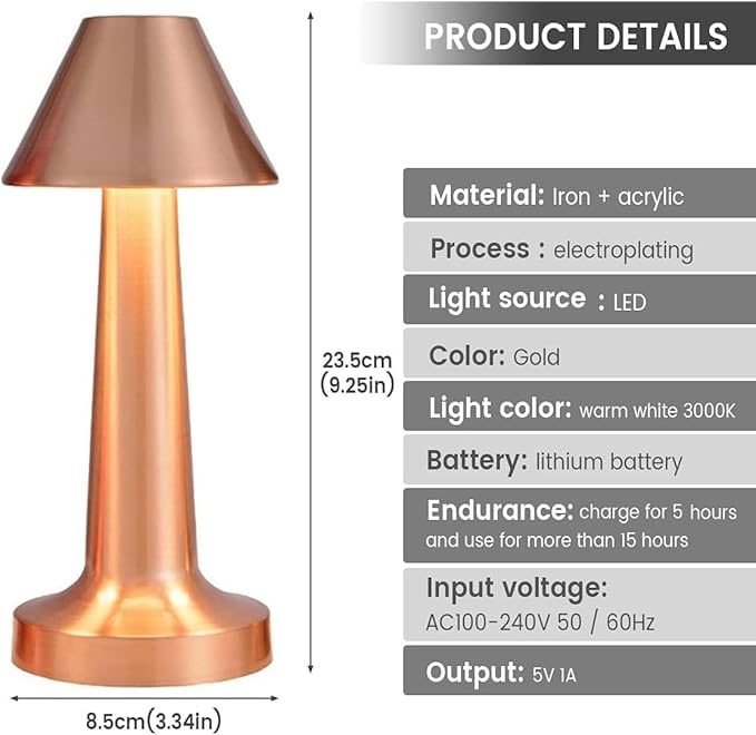 Rechargeable Metal LED Table Lamp with Touch Sensor, 3 Levels Brightness, Cozy Warm Lighting