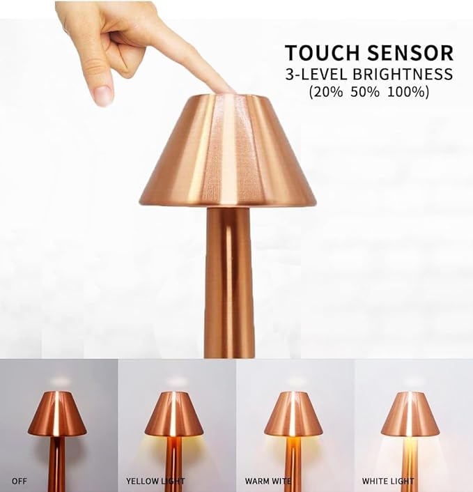Rechargeable Metal LED Table Lamp with Touch Sensor, 3 Levels Brightness, Cozy Warm Lighting