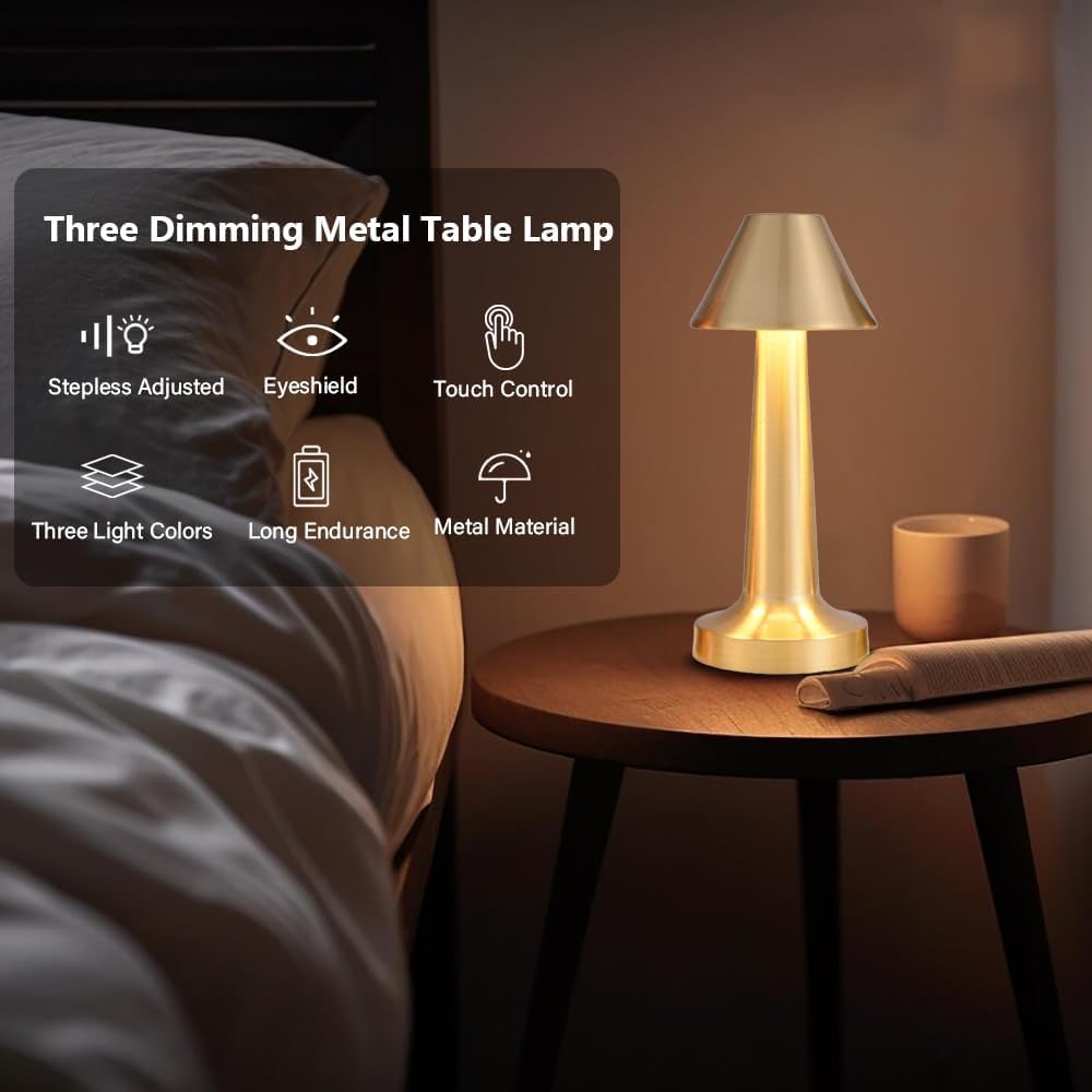 Rechargeable Metal LED Table Lamp with Touch Sensor, 3 Levels Brightness, Cozy Warm Lighting