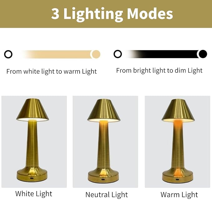 Rechargeable Metal LED Table Lamp with Touch Sensor, 3 Levels Brightness, Cozy Warm Lighting