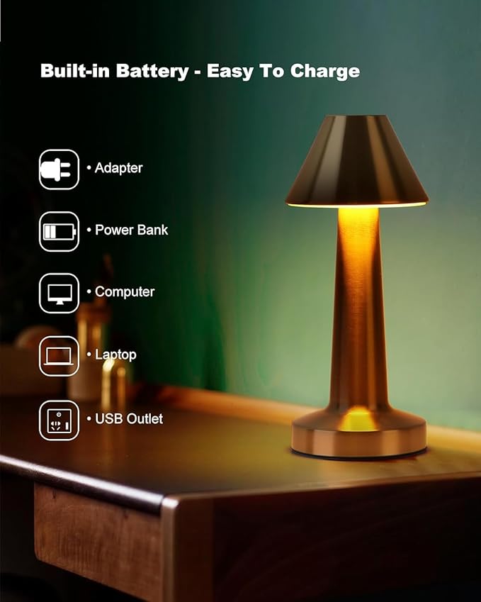Rechargeable Metal LED Table Lamp with Touch Sensor, 3 Levels Brightness, Cozy Warm Lighting